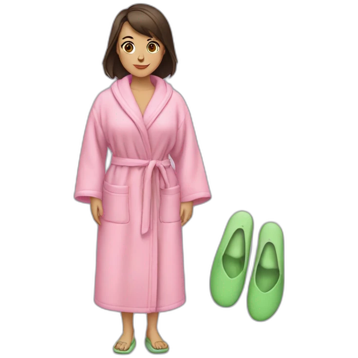 a brunette girl in a pink terry dressing gown with green slippers emoji