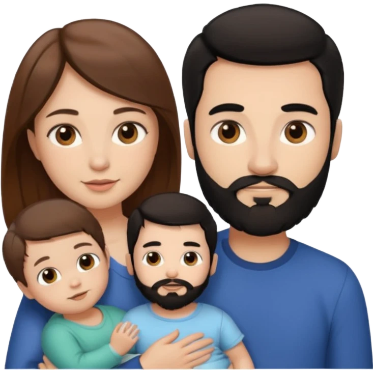 Una mujer con pelo castaño y ojos marrones y un hombre con pelo negro y barba y un bebe emoji