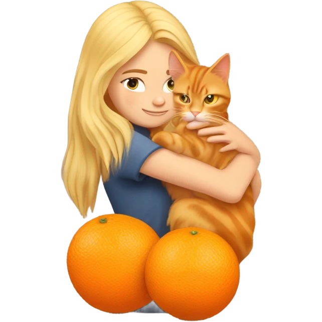 Blonde girl hugging her orange maine coon with a heart around them emoji