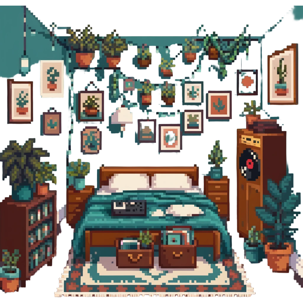 cozy indie room with record collection, hanging plants, boho rugs, vintage posters, string lights, cozy throw blankets emoji
