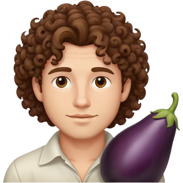 handsome man with curly brown hair and eggplant emoji