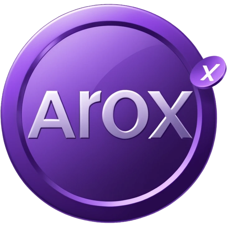 A purple coin spinning in the air. On the front side of the coin, the word 'Arox' is written in large, modern, and shiny letters. Just below 'Arox', in smaller size and simple font, it says 'WEB | SCRIPT | SITE'. The background is dark, with cinematic lighting highlighting the coin’s shine. emoji