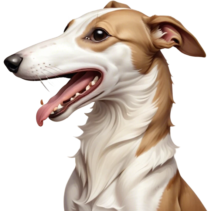 Cinematic Cute Yawning White and Brown Greyhound Portrait Emoji, Head tilted slightly with a dramatic, wide-open yawn, showcasing a pristine white Fur with bold brown markings, floppy ears slightly drooping, round eyes barely open in drowsy contentment, Simplified yet irresistibly adorable features, highly detailed, glowing with a soft, cozy glow, high shine, relaxed yet expressive, stylized with a touch of whimsy, bright and endearing, soft glowing outline, capturing the essence of a sleepy yet affectionate companion, so drowsy it feels like it could stretch out of the screen and curl up for a nap! emoji