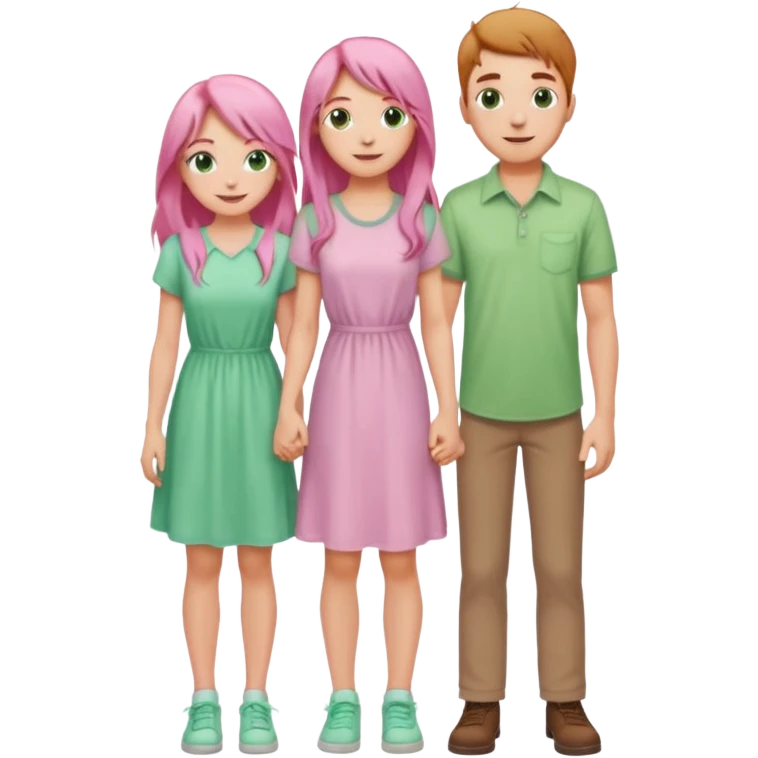 full-length happy couple, girl with long pink hair and green eyes in pastel dress, boy with light brown hair in casual shirt emoji