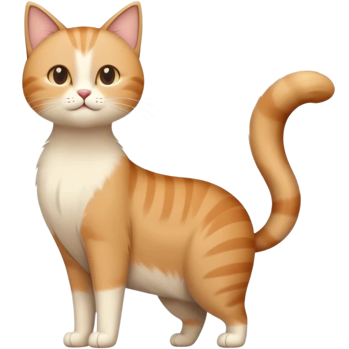 A standing cat with its tail raised upward, soft brown and beige color palette, minimal clean background, friendly and calm expression, natural pose, aesthetic warm lighting, flat illustration or soft 3D style emoji
