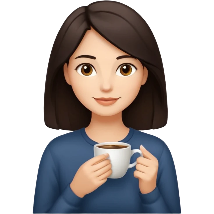 Calm and confident woman with dark shoulder-length hair, warm skin tone, soft features. Sitting by a window, peacefully sipping coffee with a gentle smile. Relaxed, natural vibe. emoji