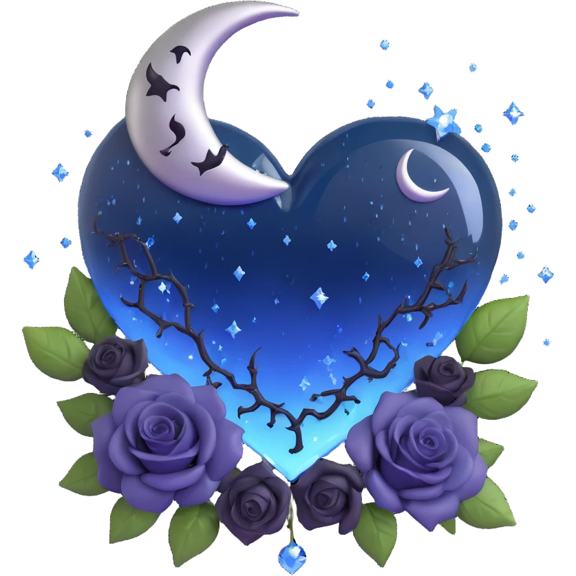 midnight blue glass heart with gothic style, decorated with a silver crescent moon, miniature black roses, glittering stardust, lightning bolt crack, rain droplets, cracked glass effect emoji