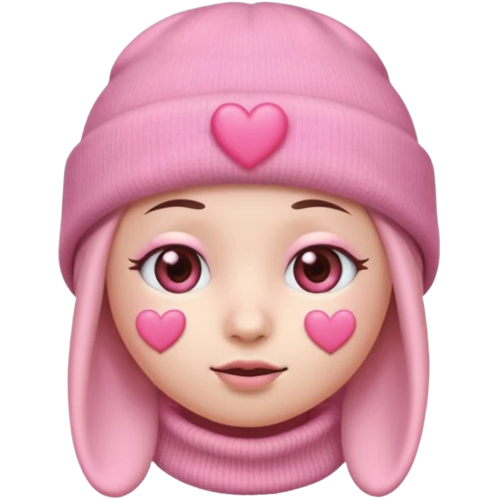 a pastel pink love face emoji with pink hearts in the eyes, pink beanie hat on  emoji