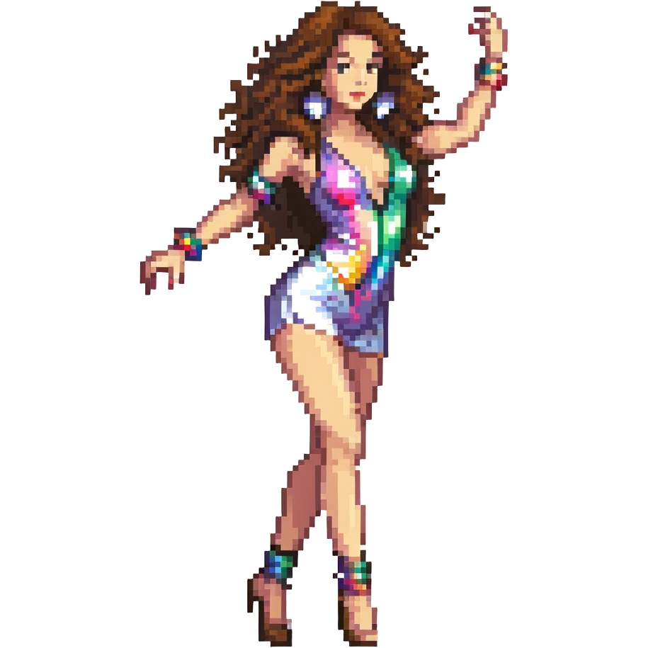 woman disco dancer, white skin, brown curly hair emoji