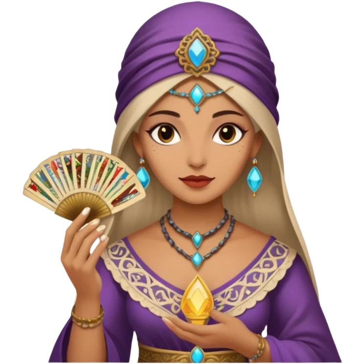 mystical fortune-teller woman holding a fan of tarot cards emoji