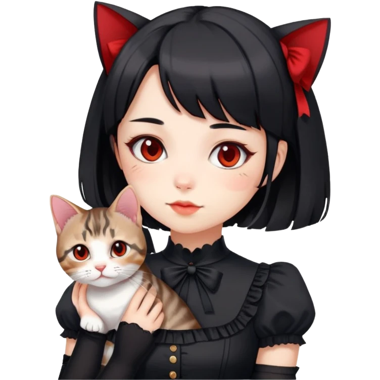 girl wearing black Lolita style dress, with medium-length black hair with red tips, and an American Shorthair tabby cat emoji