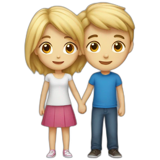 Boy with blonde hair and girl with brown hair hugging emoji