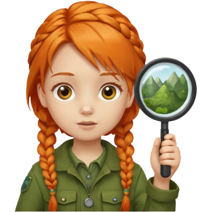 braid orange haired girl kid in moss green explorer outfit, holding magnifying glass emoji