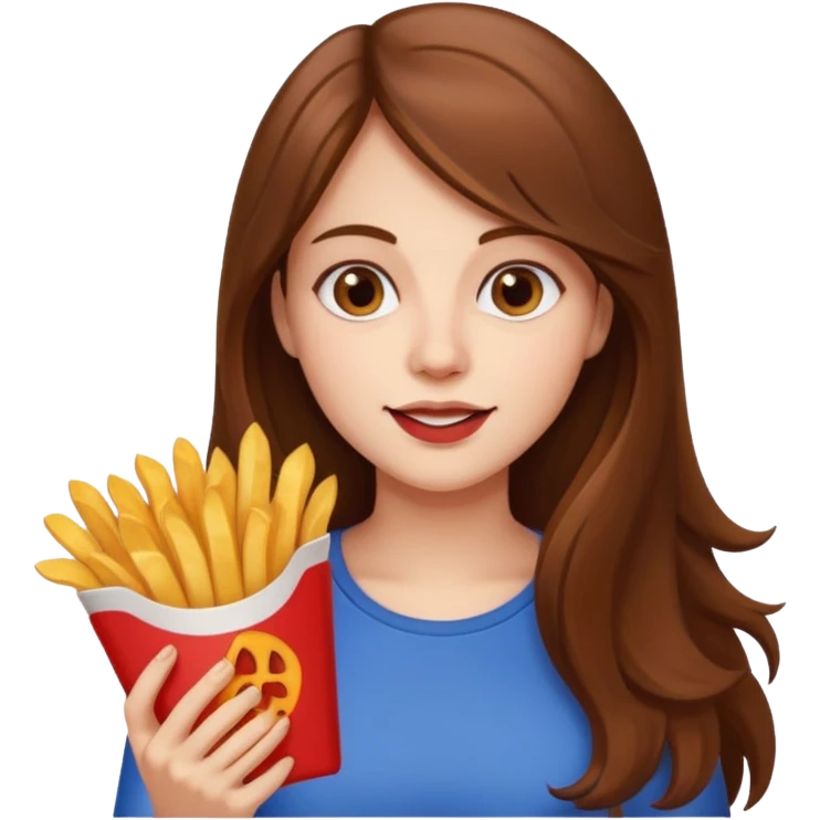 lean female with long hair holding fries and eating pizza emoji