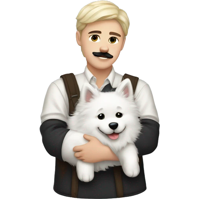 Slavic white boy with black hair and black mustache hugs Samoyed  emoji