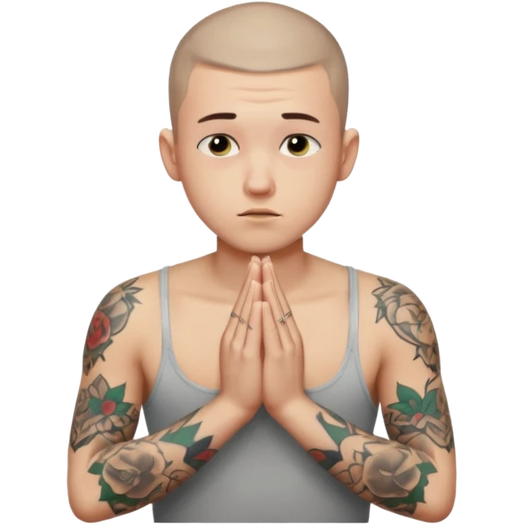 A 20 year old white man with a buzz cut and tattoos all over his arms and chest. Pleading face with hands praying  emoji