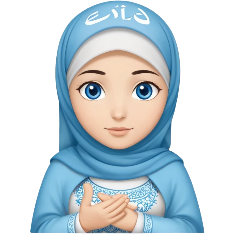 Turkish beautiful finish Konya girl blue eyes with cloudy hijab islamic dress and had on her hand text Eid Mubarak  emoji