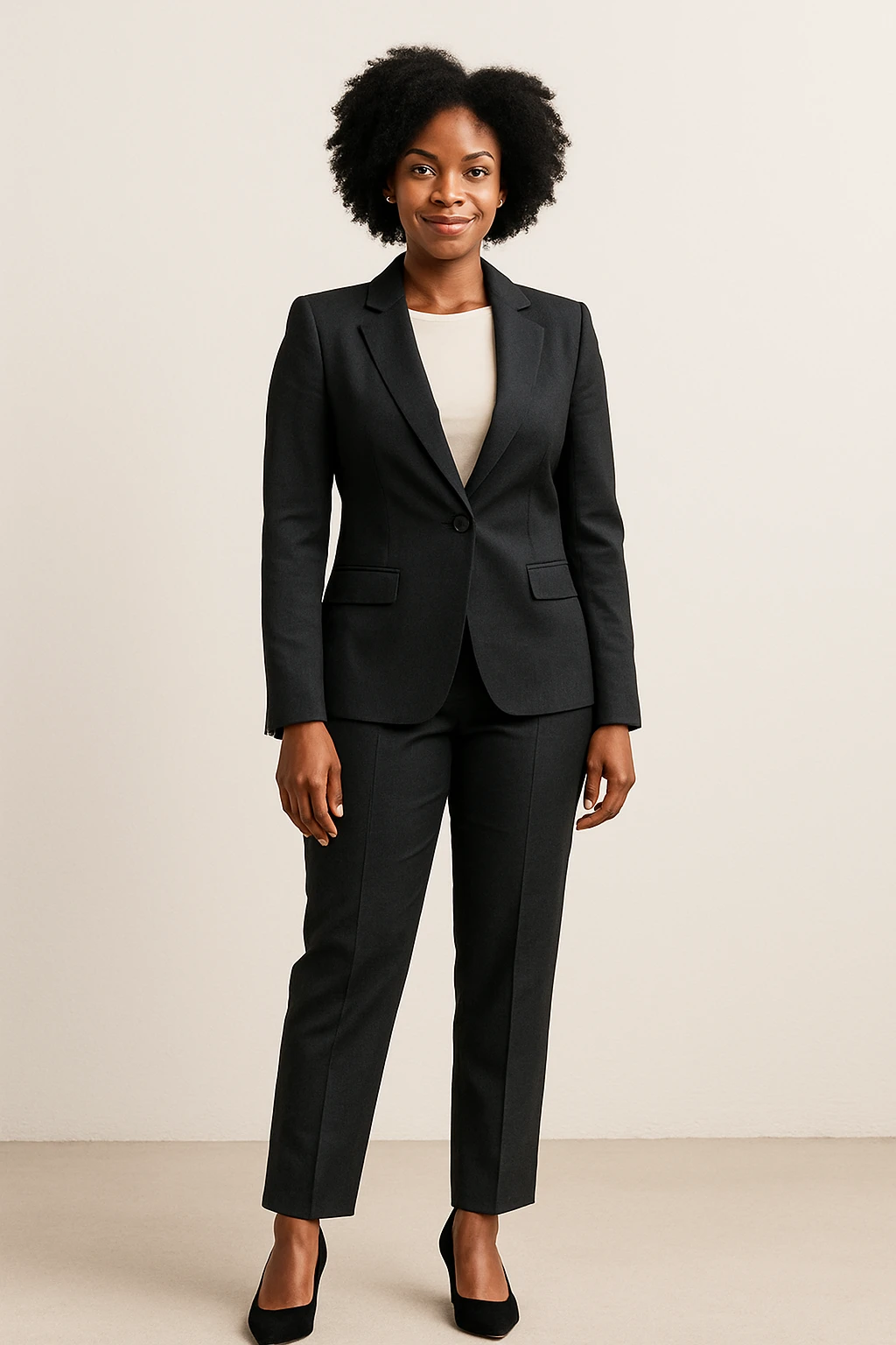 full body black woman in a smart suit and shoes, professional, confident, minimal background emoji
