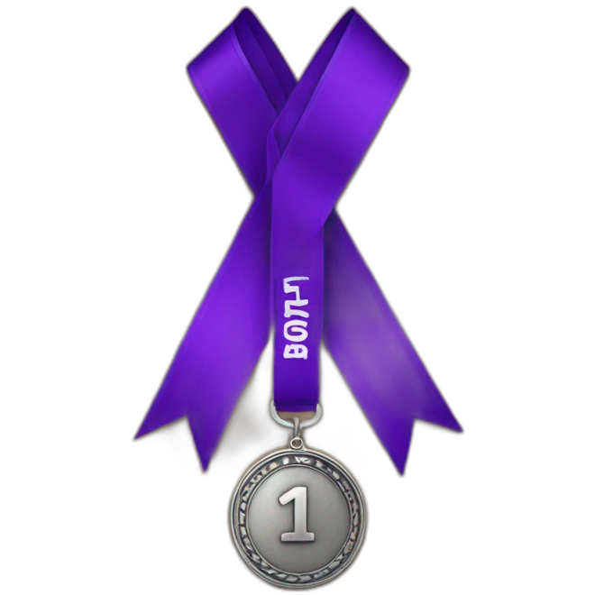 4th place medal made of pewter with a wide purple ribbon as a lanyard and a 4 written on it emoji