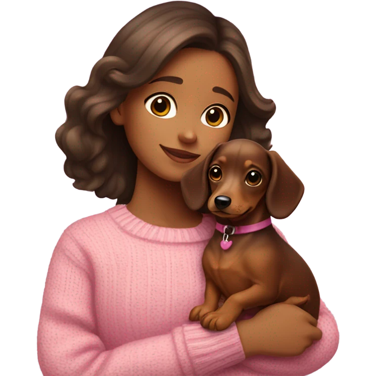 Brunette girl with long hair in a pink sweater holds a dachshund puppy in her arms emoji
