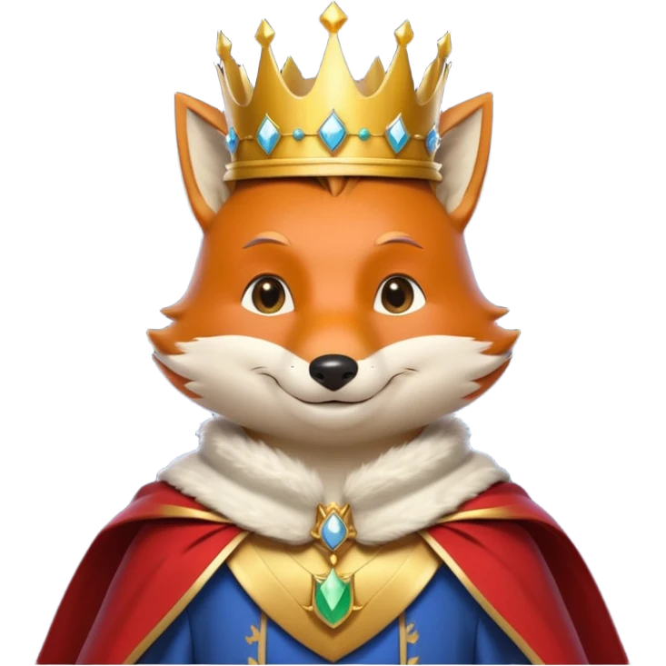 fox king portrait, head and shoulders only, elegant golden crown, noble cloak collar, clever confident smile, fantasy kingdom vibe, 3D cartoon, mobile game icon style, clean background, no text, no watermark
 emoji