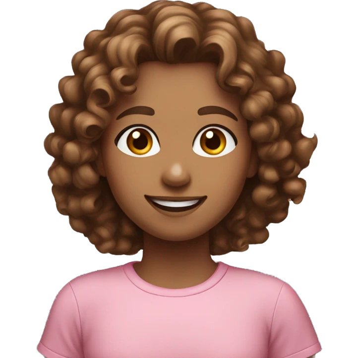 Girl with brown curly hair white skin hazel eyes pink shirt smiling  emoji