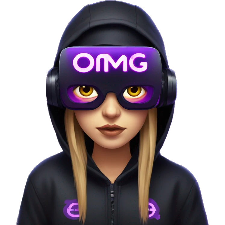 Russian girl wearing black hoody with violet letters "OMG", in vr headset. Cyberpunk style. Violet neon. emoji