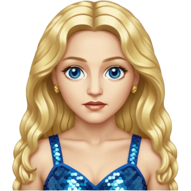 Madonna with blonde long hair, gold sequin crop top, blue eye emoji