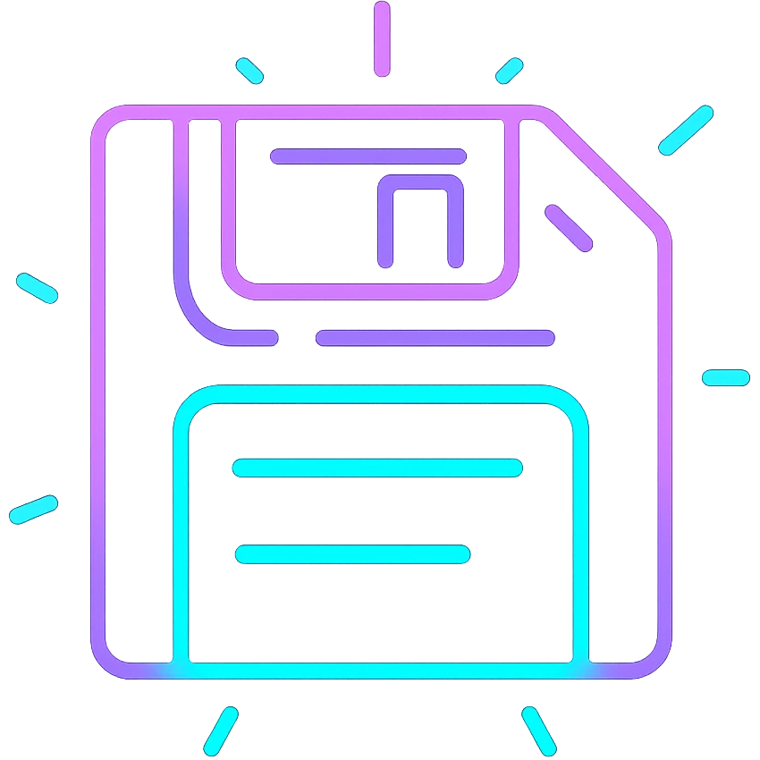 icono de guardar holográfico futurista, líneas de neón morado y cian, efecto animado de resplandor y líneas que se iluminan emoji