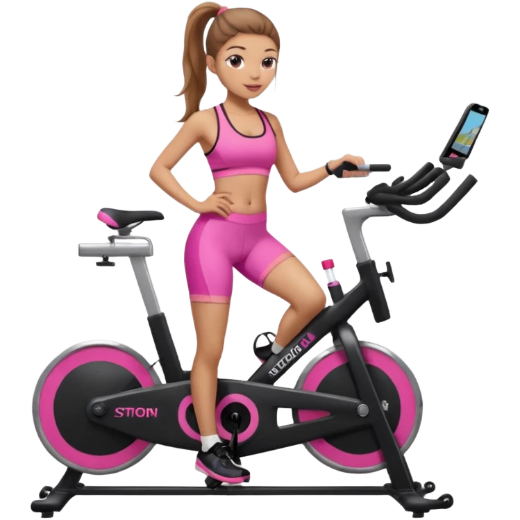 Light skin girl with long light brown hair in a pony tail, black workout set leaning on a indoor spin bike with NO HELMET, can we add a pink sports bra that says HOT GIRL CYCLE CLUB emoji