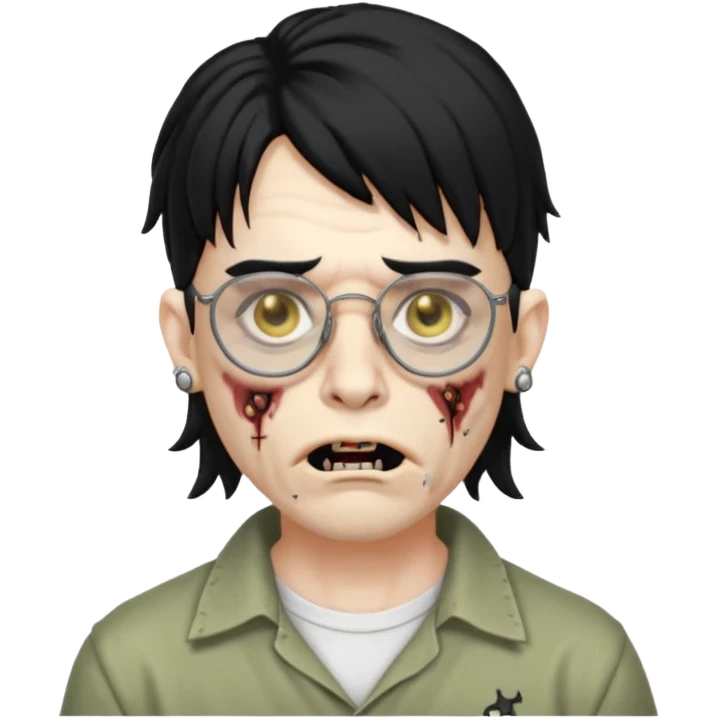 homem zumbi de óculos mullet piercing na boca piercing nas duas sobrancelhas duas orelhas giradas trágus esquerdo furado cabelo preto com muita olheira emoji