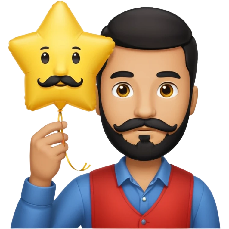 man with black bead and mustache holding star yellow balloon emoji