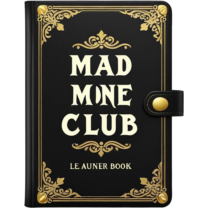 black book with ornate white text and borders. The book’s cover reads: “Mad Money Club - Rules Book - For Sad Girls.” emoji