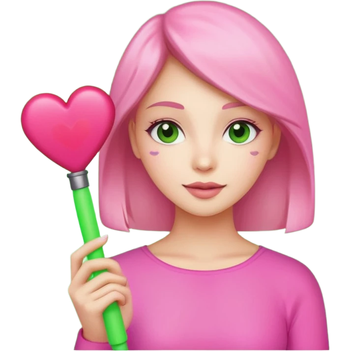 A lovely woman in pink with a square green light stick and with heart emoji