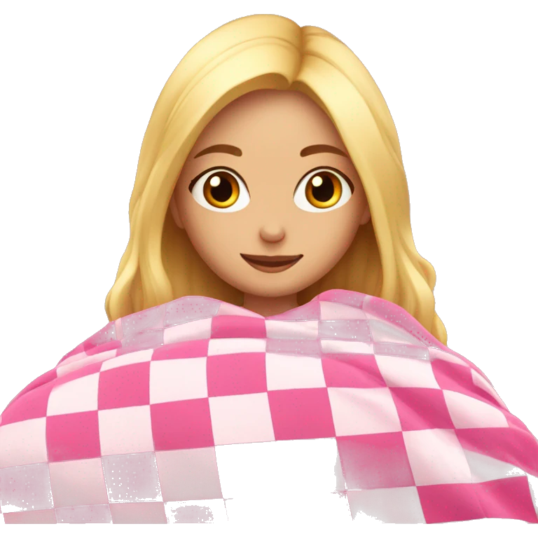 Blonde girl cozing up in pink checkered blanket emoji