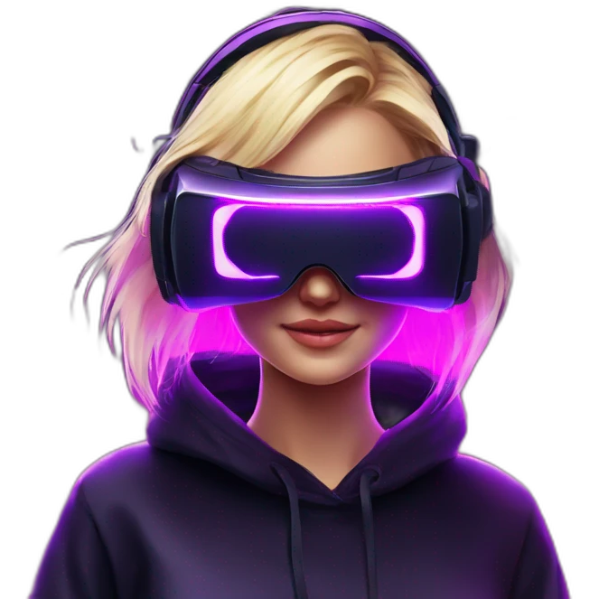 Russian blondy girl celebrating her birthday wearing a black hoodie and VR headset in a cyberpunk VR environment with violet neon lighting emoji