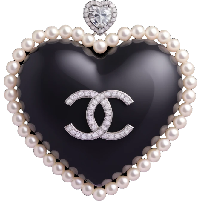 Add a diamond accent to the glossy black heart with pearls and silver Chanel logo, keep the background transparent, elegant, black and white color scheme, 3D emoji style. emoji