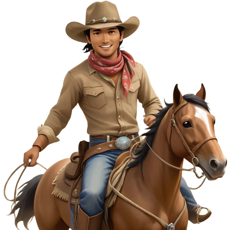 clash-of-clans-aesthetic_-cinematic-playful-cowboy-portrait-emoji, head-tilted with a roguish, cheeky grin and twinkling eyes, featuring a wide-brimmed cowboy hat and a weathered bandana on tan skin, riding a powerful galloping horse with dynamic flowing mane, reins gripped firmly in one hand and a lasso in the other, as dust swirls behind them in a vast desert landscape. emoji