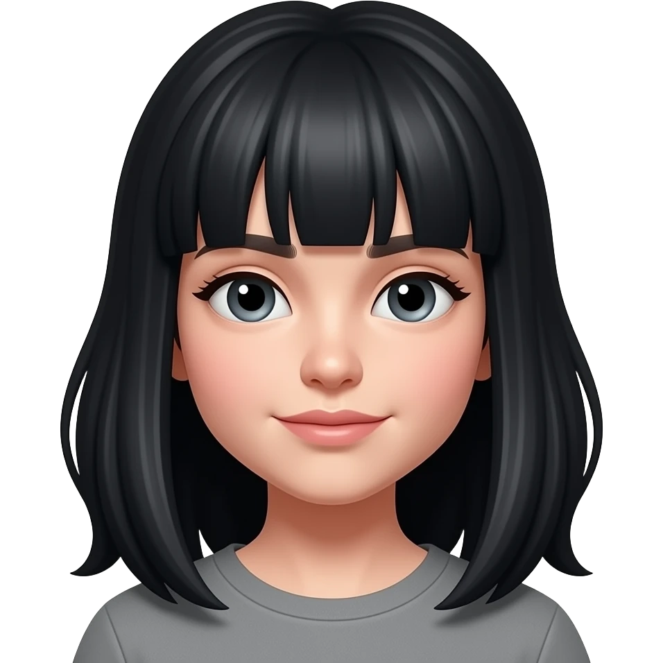 Com os cabelo pretos grande com franjinha, a cor dar pele praga emoji