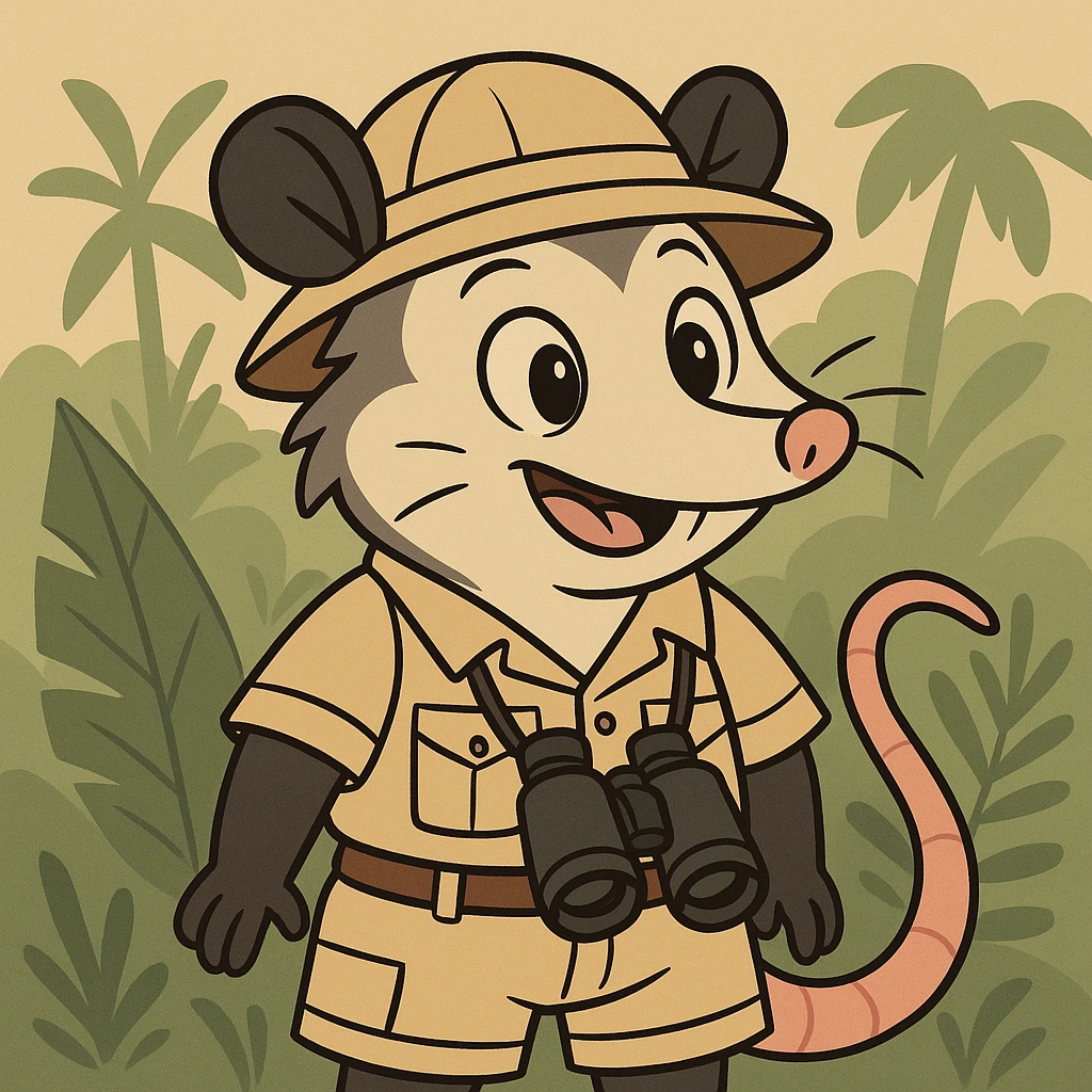 cute cartoon possum dressed up for a safari in the jungle, vibrant and playful flat toon style emoji