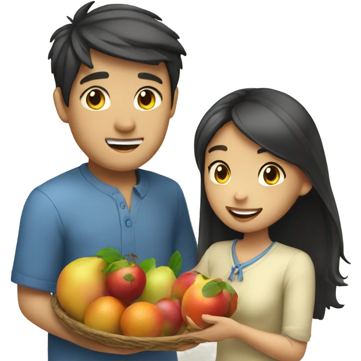 Asian girl giving fruits to man with blue eyes emoji