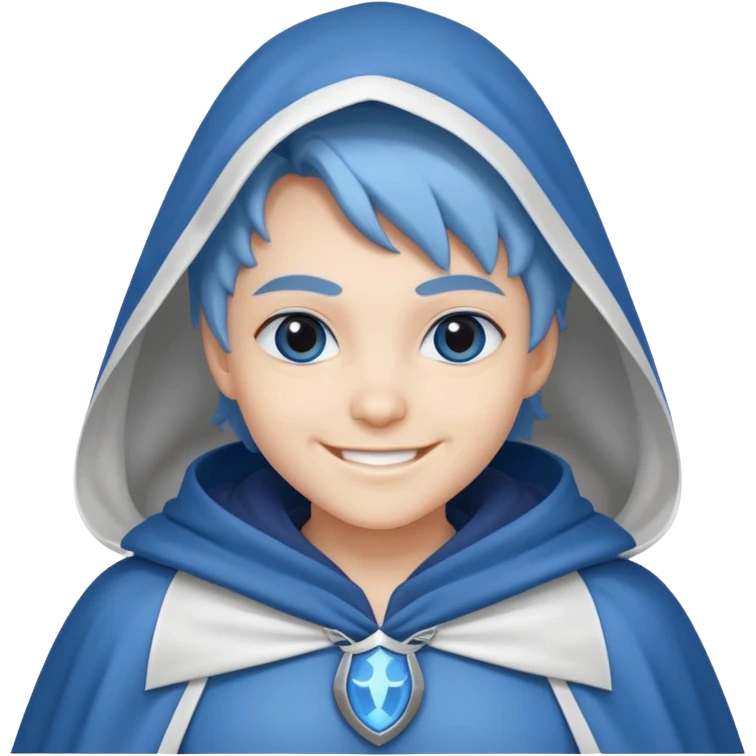 villain smiling with a white cloak, blue skin, cute emoji