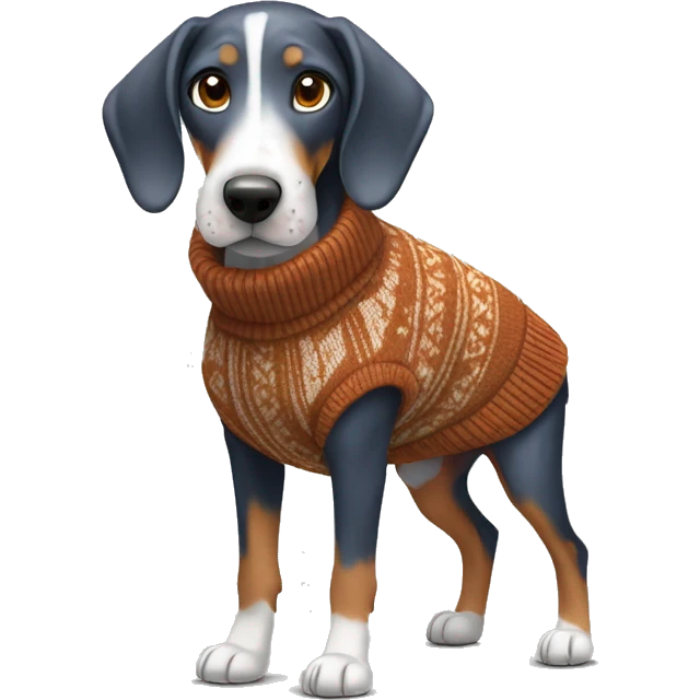 Miniature bluetick hound wearing a autumn sweater emoji