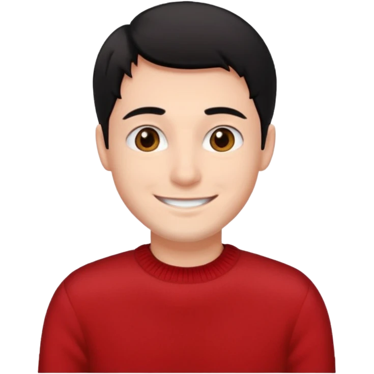 emoji of a smiling guy with a red sweater, brown eyes, and black hair emoji