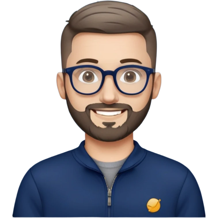 Fair-skinned man with oval face, extremely short tight haircut (very short on top, skin fade on sides), short salt and pepper beard, large black-framed glasses, smiling, wider body type, wearing navy blue long sleeve zip sweatshirt emoji