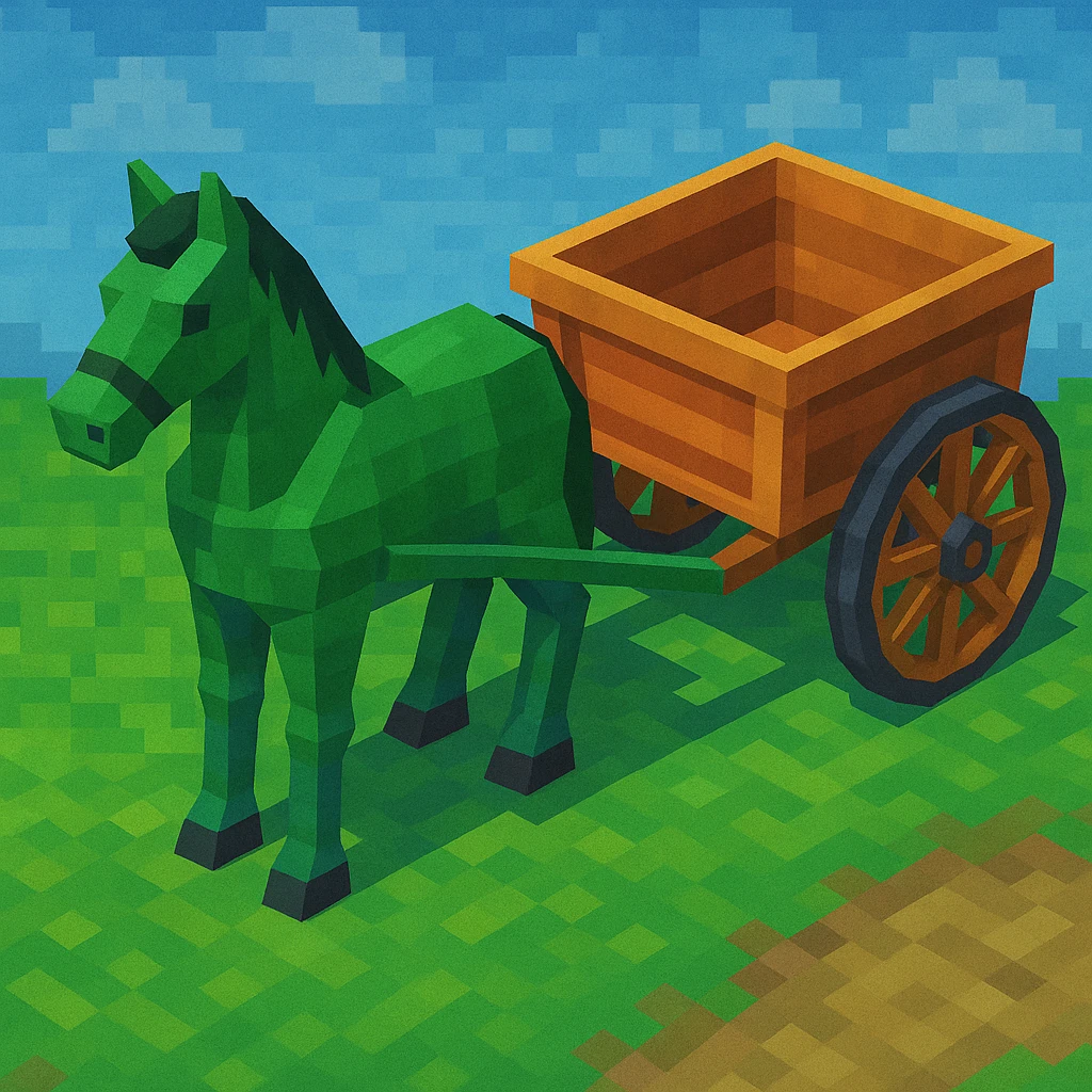 Isometric horse and cart with color variation: green and orange, keep original style low poly 3d. emoji