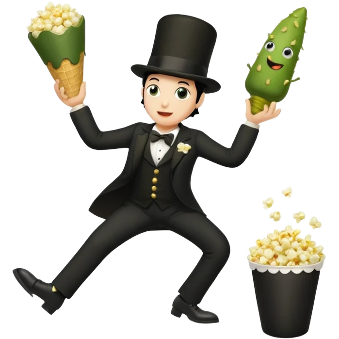 Popcorn cone traffic with legs dancing 3 legs 2 on the floor his 3rd arm is holding his 3rd leg and 1 pickle dipped in ranch on his black top hat emoji