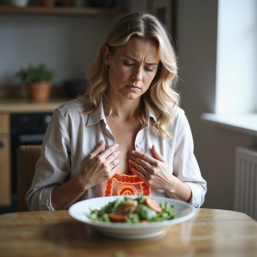 adult woman, photorealistic, intestinal problems, sitting at table with salad, suffering expression, transparent illustration of intestines over abdomen, natural light, kitchen background emoji