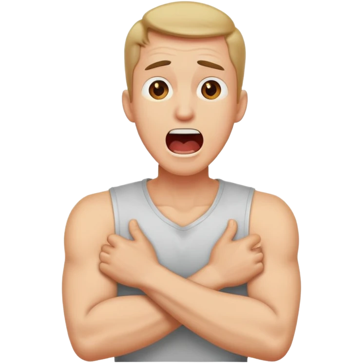 Man with arms crossed around neck screaming emoji