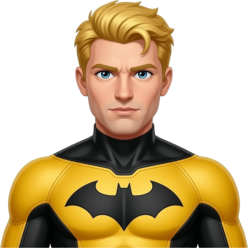 Create an emoji of the superhero sentry with yellow and black suit and golden hairs removing the bat symbol on the chest emoji